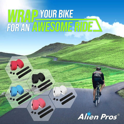 Cyclist on road with Grippy PU Handlebar Tape Set Of 2 Black For All Weather No Slip Ride Sweat Absorbing Frosted Skin Wrap options.