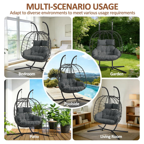 Double Egg Chair With Stand For Indoor And Outdoor Use, 2 Person Hanging Rattan Wicker Swing in various settings