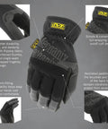 FastFit Work Gloves With Anti Slip Grip For Heavy Duty Jobs Touchscreen Compatible Vibration Damping Abrasion Resistant Precision Fit Dexterity Multipurpose Use Extra Large Black shown with padding and grip features on black background.