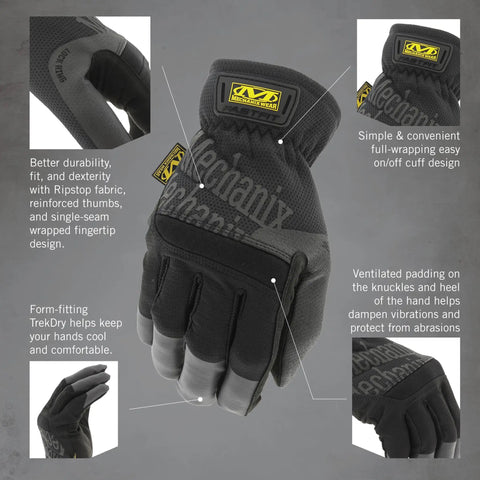 FastFit Work Gloves With Anti Slip Grip For Heavy Duty Jobs Touchscreen Compatible Vibration Damping Abrasion Resistant Precision Fit Dexterity Multipurpose Use Extra Large Black shown with padding and grip features on black background.