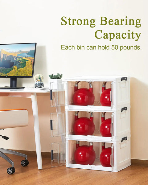 Heavy Duty 144Qt Storage Bins With Lids, Sweet 3 Pack Foldable Stackable Totes With Wheels for organizing red kettlebells under a desk.