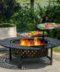 47 Inch Round Fire Pit With Two Grills, Lid And Tabletop, 3 In 1 Outdoor Fire Pit For Backyard, Patio Or Picnic, flames and veggies.