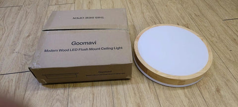 Wooden Flush Mount Ceiling Light Modern Round Fixture 11.8 inch with acrylic ring beside packaging on wooden floor