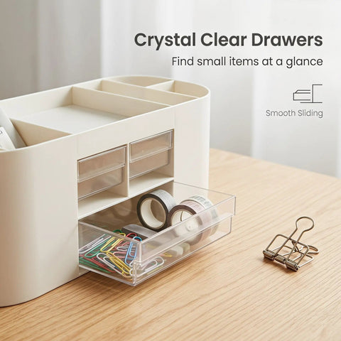 All In One Desk Organizer With Drawers For Office Supplies Storage White Keep Pens Pencils Scissors Sticky Notes Rulers And Glasses Neat And Ready