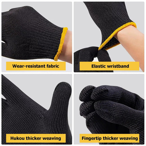 Daily Grind Gear Twelve Pair Pack Of Flexible Polyester Knit Work Gloves Featuring Sturdy Black And Yellow Trim for wear-resistant fabric and elastic wristband.