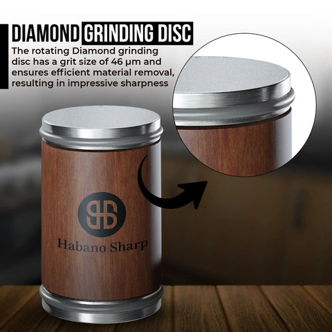 Close-up of a rolling knife sharpener kit with diamond stone, magnetic guides, wood base, and grinding disc.
