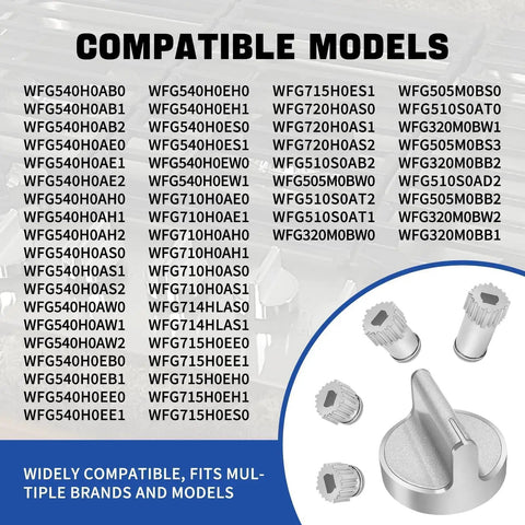 List of Whirlpool range models compatible with Gas Cooktop Knob Replacements 5 Pack with steel and ABS construction.