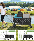 Collapsible Wagon Cart With 330 Lbs Load Capacity being pulled near a camping site, featuring 360 degree wheels, flexible handle.