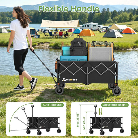 Collapsible Wagon Cart With 330 Lbs Load Capacity being pulled near a camping site, featuring 360 degree wheels, flexible handle.