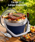 Blue 7 Liter Insulated Ice Bucket With Lid, Scoop And Tongs, Vacuum Sealed Stainless Steel filled with food on a picnic table
