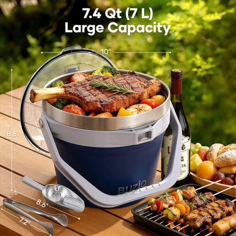 Blue 7 Liter Insulated Ice Bucket With Lid, Scoop And Tongs, Vacuum Sealed Stainless Steel filled with food on a picnic table