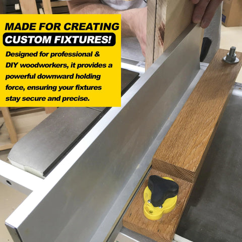 Magswitch MagJig 95 magnetic base clamp with yellow knob on a wooden base securing wood pieces to a metal surface