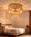 FUMLTP Boho Caged Ceiling Fans with Lights, Remote Control, Flush Mount in modern bedroom casting soft shadows.