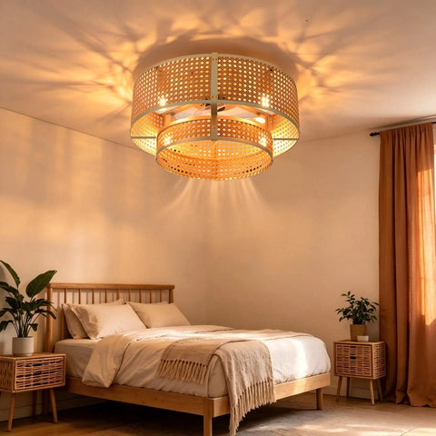 FUMLTP Boho Caged Ceiling Fans with Lights, Remote Control, Flush Mount in modern bedroom casting soft shadows.