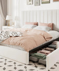 Hella Spacious Full Size Storage Bed Frame With Super Plush Velvet Upholstery And Adjustable Tufted Headboard Plus Four Massive Rolling Drawers For Zero Box Spring Hassle In Crisp White, showcasing pink bedding and visible storage.