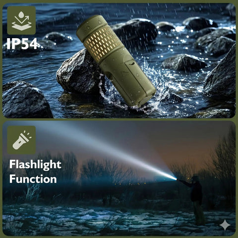 Rechargeable 12000mAh Collapsible Camping Lantern With Beastly Battery Life showcased in water and used as flashlight outdoors.