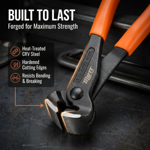 Close-up of 8 Inch End Cutting Pliers Heavy Duty CRV Steel Nail Puller Tool with orange ergonomic grip on metal surface
