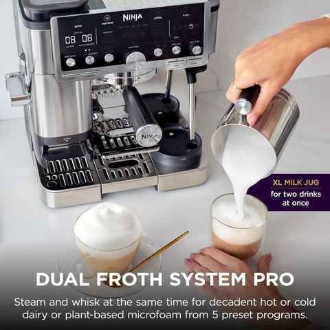 Person using Luxe Café Pro Series 4 In 1 Espresso Machine With Built In Grinder and Integrated Tamper, making lattes and frothing milk.