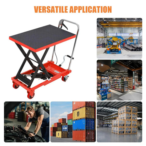 Heavy Duty Hydraulic Lift Table Cart 500 Lb Capacity Single Scissor Pump shown for versatile indoor and outdoor applications.