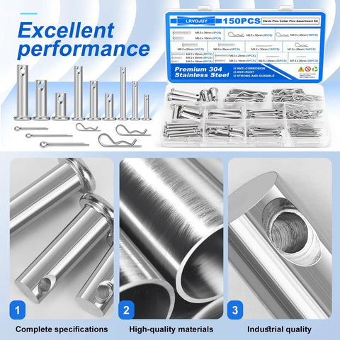 150 Piece 304 Stainless Steel Clevis Pins Cotter Pins R Clips Pro Grade Assortment Kit with 15 sizes for repairs display