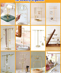 Collage of various stylish jewelry organizers in different designs and materials, showcasing stands for necklaces, rings, and earrings.