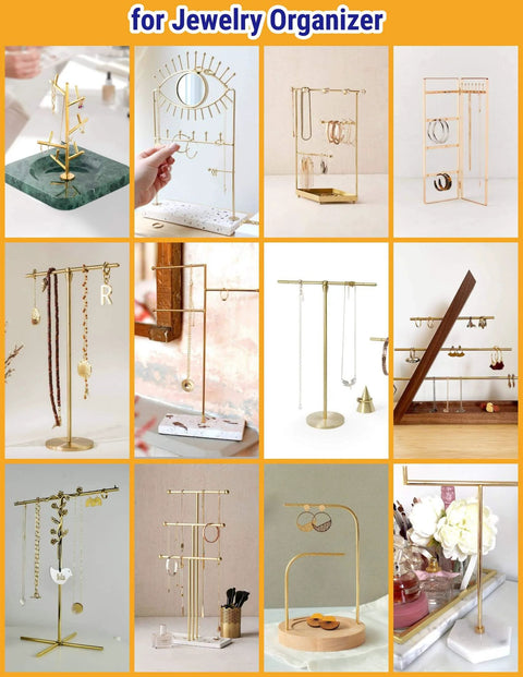 Collage of various stylish jewelry organizers in different designs and materials, showcasing stands for necklaces, rings, and earrings.