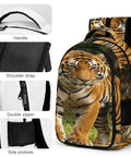 Dope Striped Forest Tiger Print Unisex Backpack with durable polyester, smooth zipper, side pockets, and breathable straps.