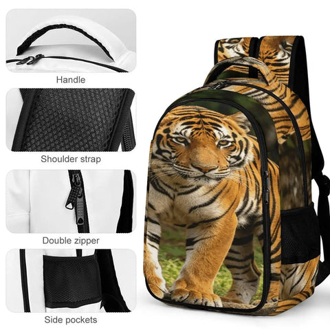 Dope Striped Forest Tiger Print Unisex Backpack with durable polyester, smooth zipper, side pockets, and breathable straps.