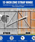 Comparison of 12-inch zinc strap hinges on wooden gates, highlighting durability and support, with side-by-side view of hinge performance.
