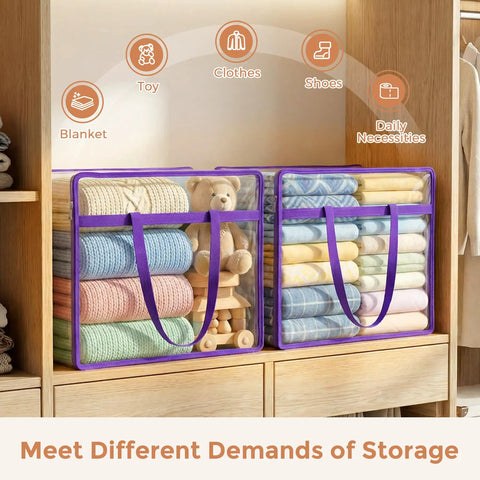 Clear Zippered Storage Bags Set 6 Pack 40L Each See Through Closet Organizers for Bedding and Toys in Shelf