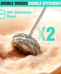 Close-up of the Powerful Rechargeable Milk Frother Wand With Stand Handheld Electric Foam Maker with double stainless steel whisks.