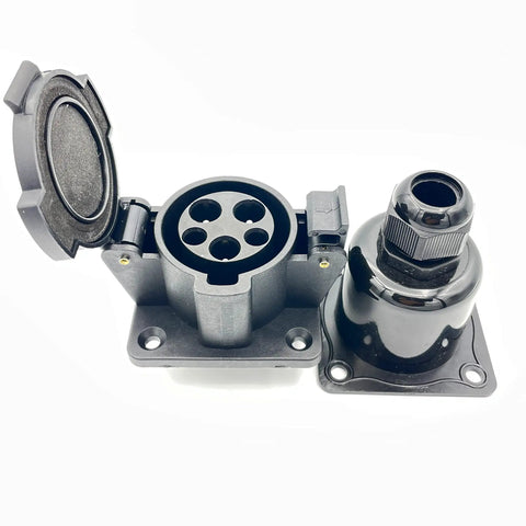 SAE J1772 Type 1 EV Charging Socket Inlet For Level 1 And Level 2 Chargers Loaded With 16A 32A And 50A Amps with cap open