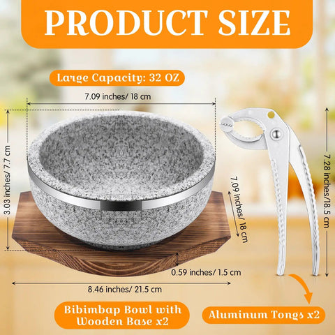 Two Set Dolsot Bibimbap Stone Bowls With Wood Bases And Aluminum Tongs Sizzling Hot Pot Stoneware For Korean Restaurants And Home Perfect For Rice Soup Stew 32 Oz Each displayed with dimensions and capacity details.