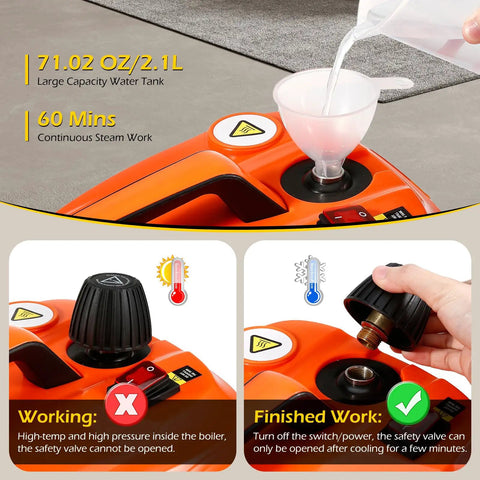 Heavy Duty 1800W Steam Cleaner Packing Five Bars Of Super Hot Vapor At 320F, large 2.1L water tank being filled using a funnel.