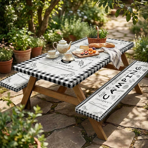 Three Piece Picnic Table Cover Set With Bench Covers, Elastic Edges, Farm Plaid Fitted Tablecloth, 72 Inch Outdoor Patio Camping Essentials, Waterproof And Windproof, Includes Drawstring Storage Bag on a wooden table with tea set.