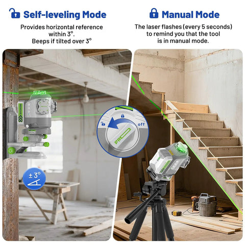 Pro Grade Outdoor 360 Degree Green Laser Level With Self Leveling, Pivot Fine-Tune Alignment, shown on a construction site.