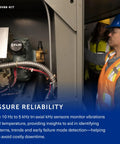 Technician installing Vibration Monitoring Kit with 5 kHz triaxial and temperature sensors for machine health.