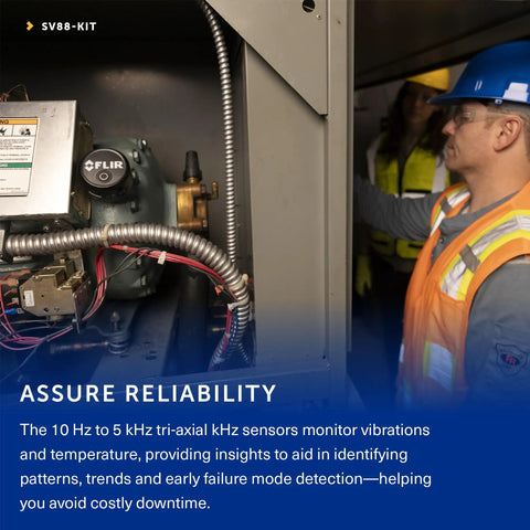 Technician installing Vibration Monitoring Kit with 5 kHz triaxial and temperature sensors for machine health.