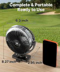 No Sweat On The Course With This Magnetic Golf Cart Misting Fan Packing 12000 Mah Battery Four Speed Brushless Motor Solid Mount And Instant Chill Breeze For Hot Weekends, 6.3x8.27 inch fan on wooden surface.