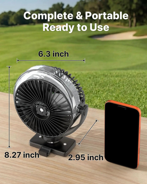 No Sweat On The Course With This Magnetic Golf Cart Misting Fan Packing 12000 Mah Battery Four Speed Brushless Motor Solid Mount And Instant Chill Breeze For Hot Weekends, 6.3x8.27 inch fan on wooden surface.