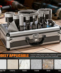 Diamond Hole Saw Kit 13 Piece Set For Ceramic Porcelain And Granite with various sized saws displayed in a case