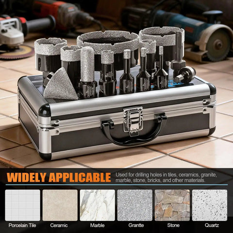 Diamond Hole Saw Kit 13 Piece Set For Ceramic Porcelain And Granite with various sized saws displayed in a case