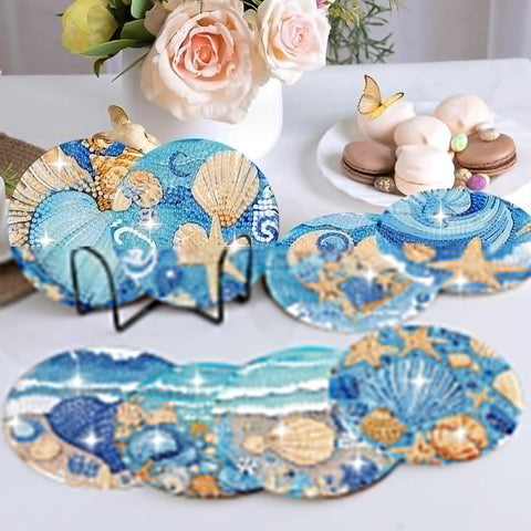 8 Piece Ocean Animals Diamond Art Coaster Kit With Holder Easy To Use DIY Diamond Painting Coasters For Beginners And Adults