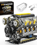 Box and components of V8 Engine Model Kit That Runs, Gearhead Friendly Visible Mini Car Motor Building Blocks Set For Adults And Teens 14 And Up