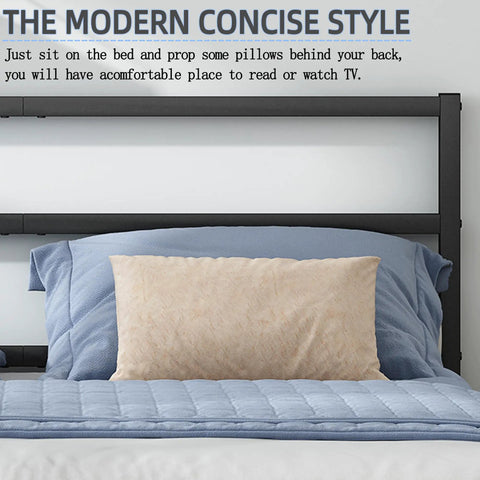 Top view of Solid As A Rock Full Size Metal Platform Bed Frame With Headboard And Footboard Featuring Steel Slats For Ultra Comfy Mattress Support No Box Spring Needed in black with pillows.