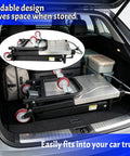Foldable Motorized Stair Climbing Cart With Heavy Duty Electric Dolly stored in trunk, saving space for easy transport.