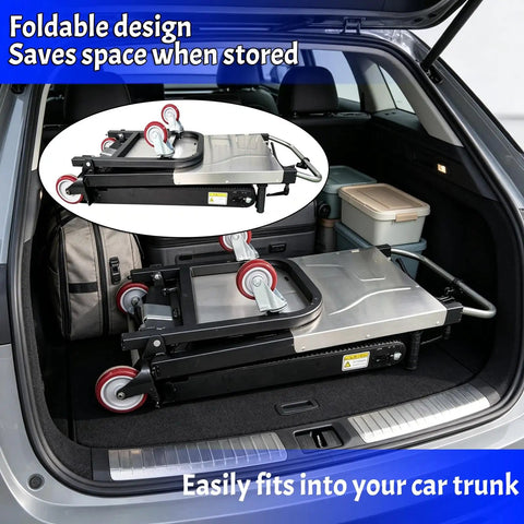 Foldable Motorized Stair Climbing Cart With Heavy Duty Electric Dolly stored in trunk, saving space for easy transport.