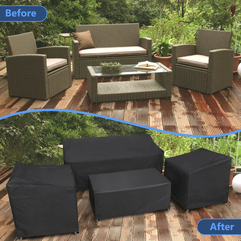 Heavy Duty Waterproof 4 Piece Patio Furniture Covers Set For Rattan Wicker Conversation Sets 420D Fits Loveseat Armchairs And Coffee Table Durable Weatherproof Protection In Rain Wind And Snow on wooden deck