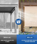Before and after of Universal Fit Shade Replacement Parts with Unbreakable End Cap for Coolaroo Outdoor Blinds Tie Down Kit