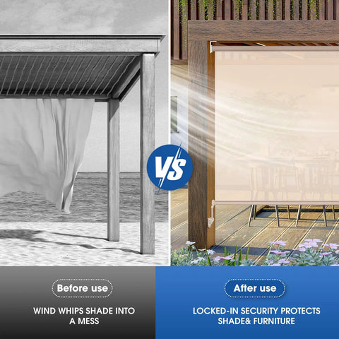 Before and after of Universal Fit Shade Replacement Parts with Unbreakable End Cap for Coolaroo Outdoor Blinds Tie Down Kit